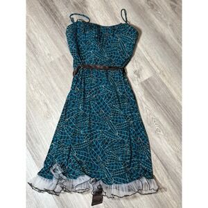 Alyn Paige New York‎ Teal Dress Brown Belt Ruffle Hem Party Medium Y2K